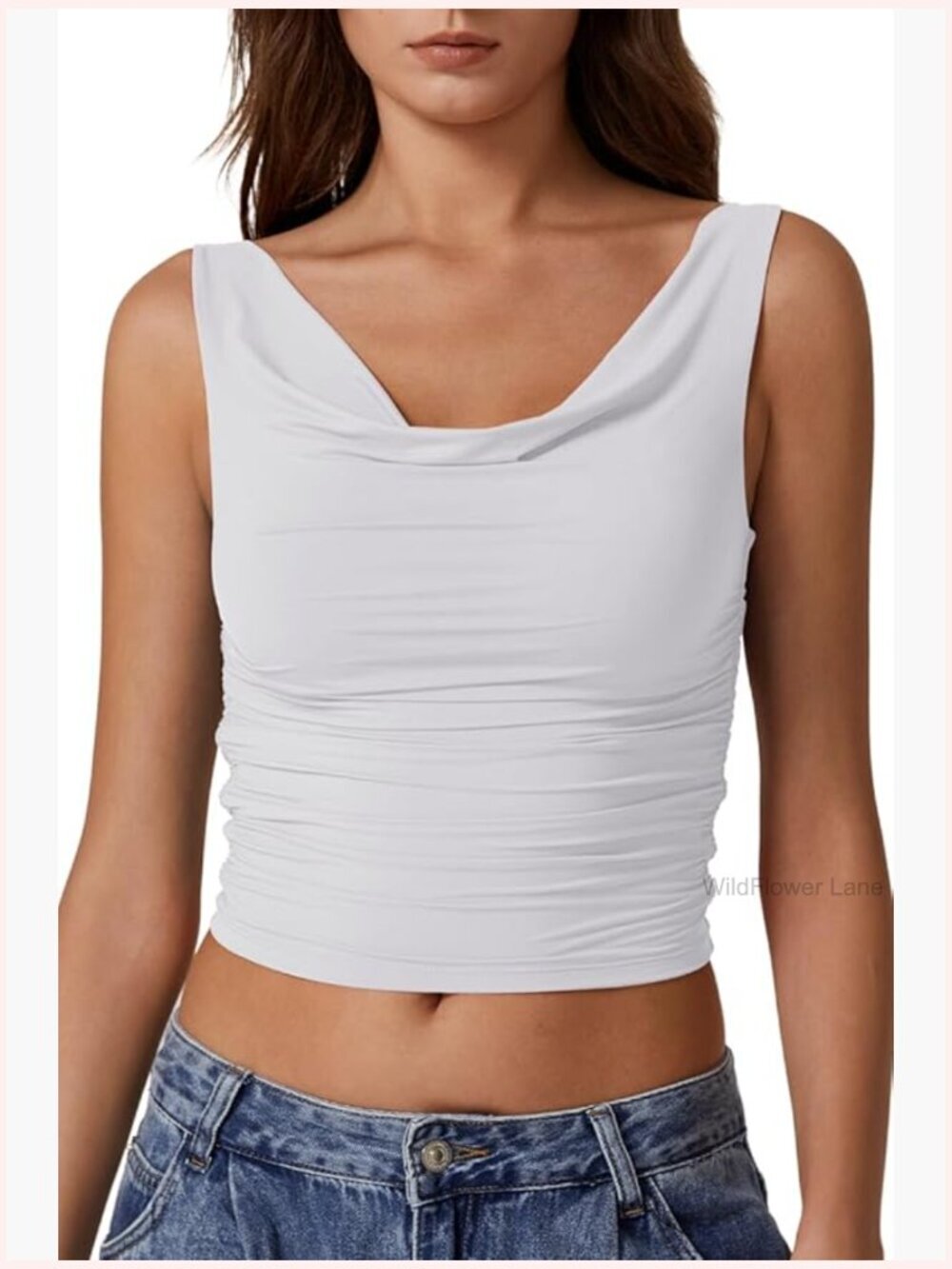 Sleeveless Cowl Neck Crop Top Ruched Double Lined Y2K Tank